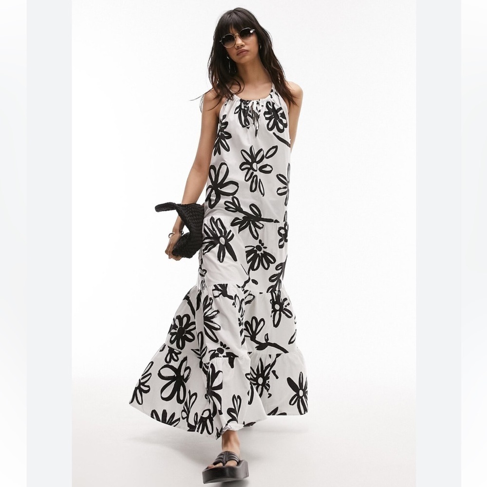 TOPSHOP TIERED 100% COTTON OVERSIZED FLORAL HALTER STYLE MAXI DRESS SIZE XL NW